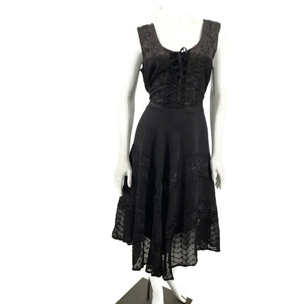New Mocela Black Corset Dress Size S/M Sleeveless Embroidered Rayon Full Circle